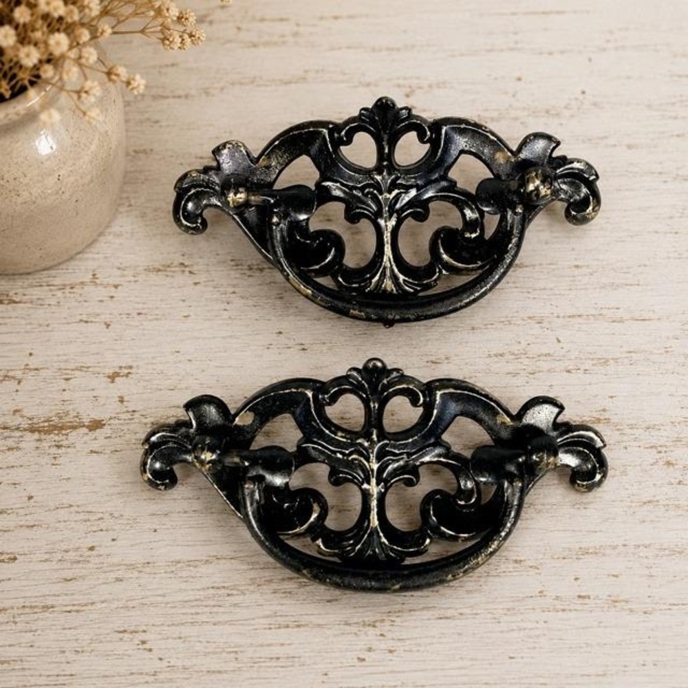 Vintage KBC Keeler Batwing Drawer Pulls Black Brass 3in Center Set of 2